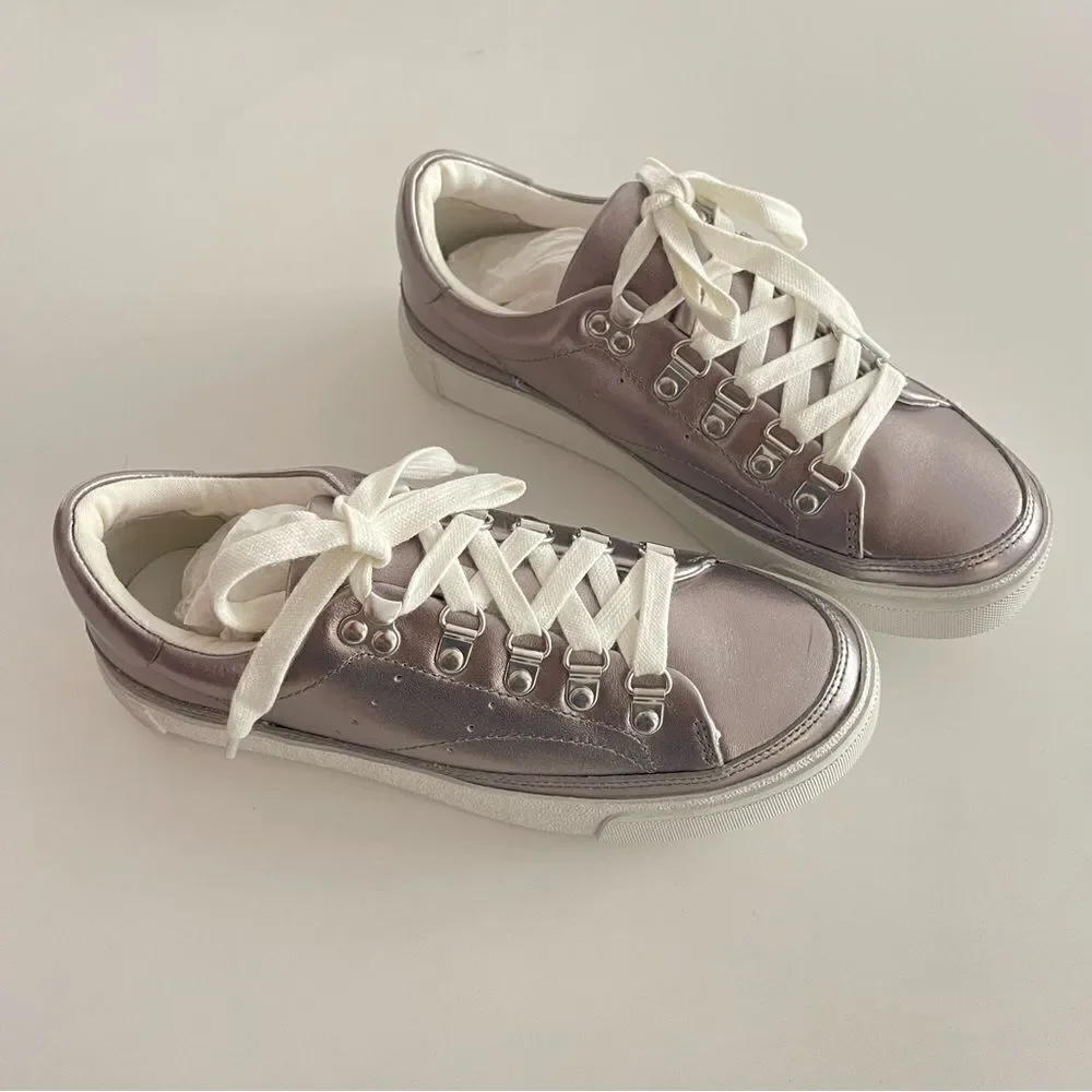 ALLSAINTS Womens Silver Metallic Quinn Round Toe Platform Leather Sneakers Shoes